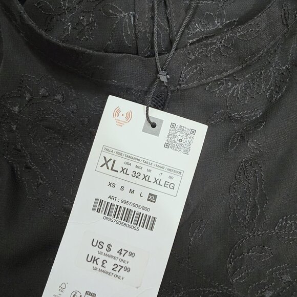 Nwt Zara - XL  Laurie Sheer Long sleeves  Embroidery Sheer Blouse - Black - Picture 7 of 7